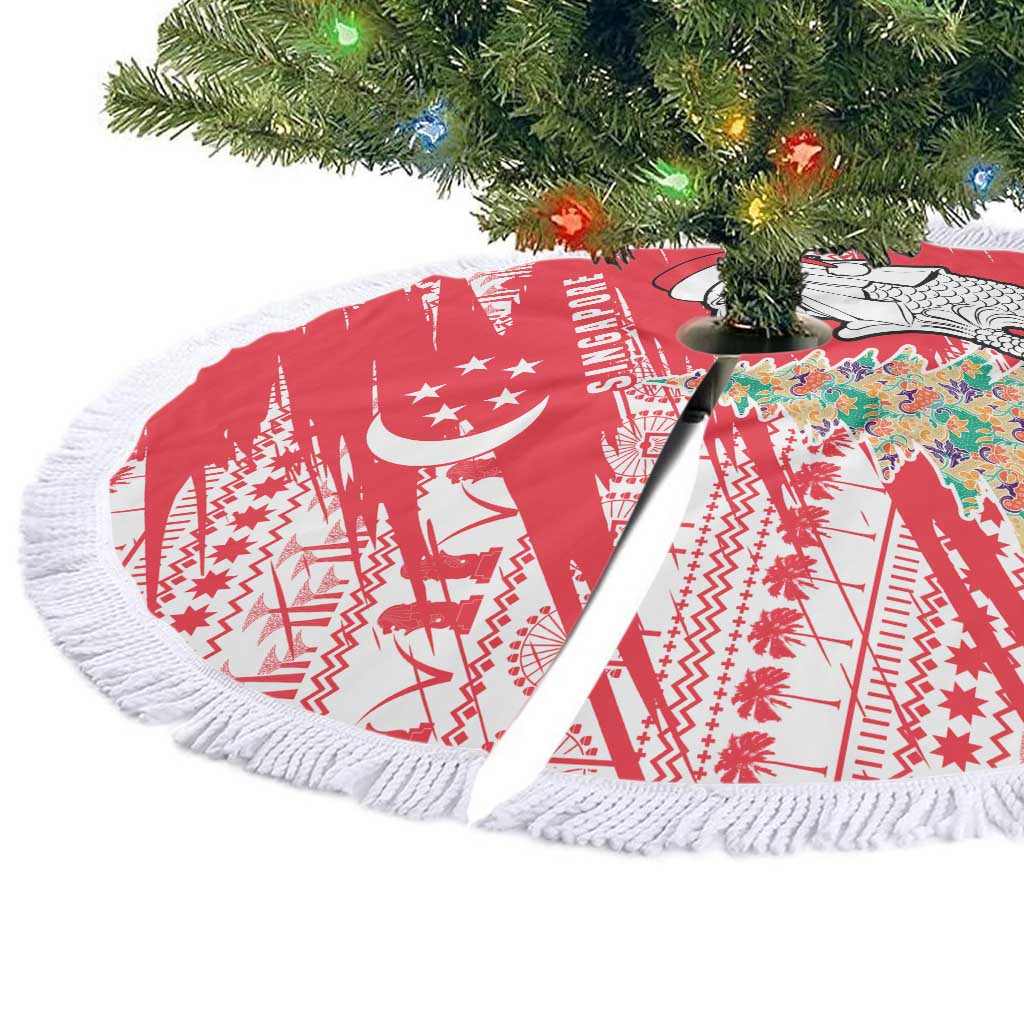 Singapore Christmas Tree Skirt with Merlion Santa Hat Batik Christmas Tree and City Skyline Design - Wonder Print Shop