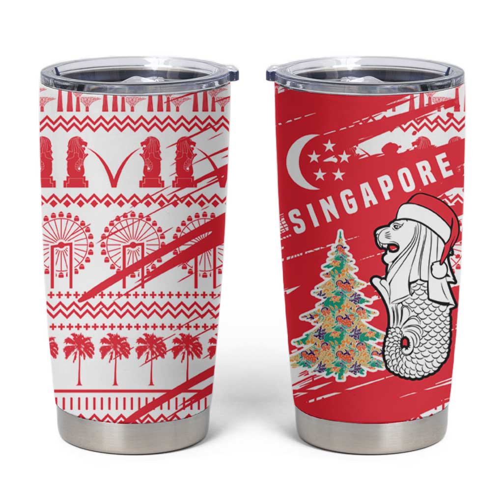 Singapore Christmas Tumbler Cup with Merlion Santa Hat Batik Christmas Tree and City Skyline Design - Wonder Print Shop