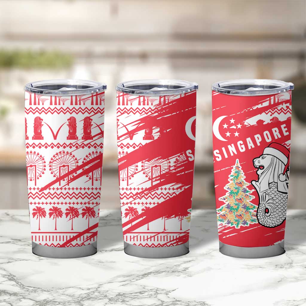 Singapore Christmas Tumbler Cup with Merlion Santa Hat Batik Christmas Tree and City Skyline Design - Wonder Print Shop