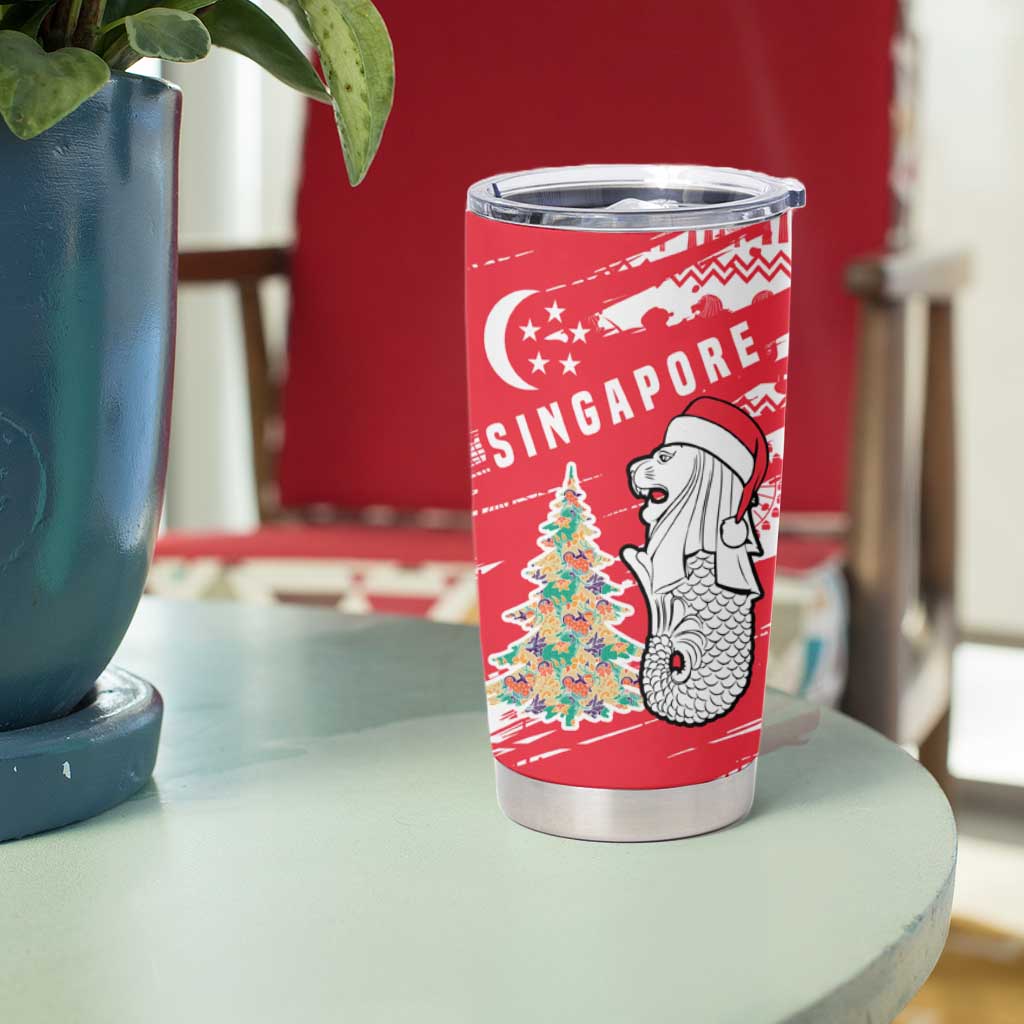 Singapore Christmas Tumbler Cup with Merlion Santa Hat Batik Christmas Tree and City Skyline Design - Wonder Print Shop