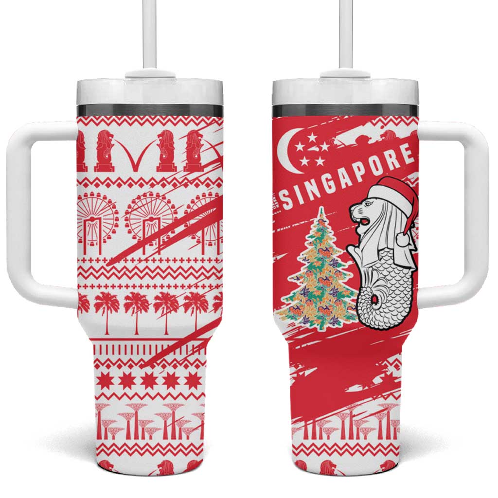 Singapore Christmas Tumbler With Handle with Merlion Santa Hat Batik Christmas Tree and City Skyline Design - Wonder Print Shop