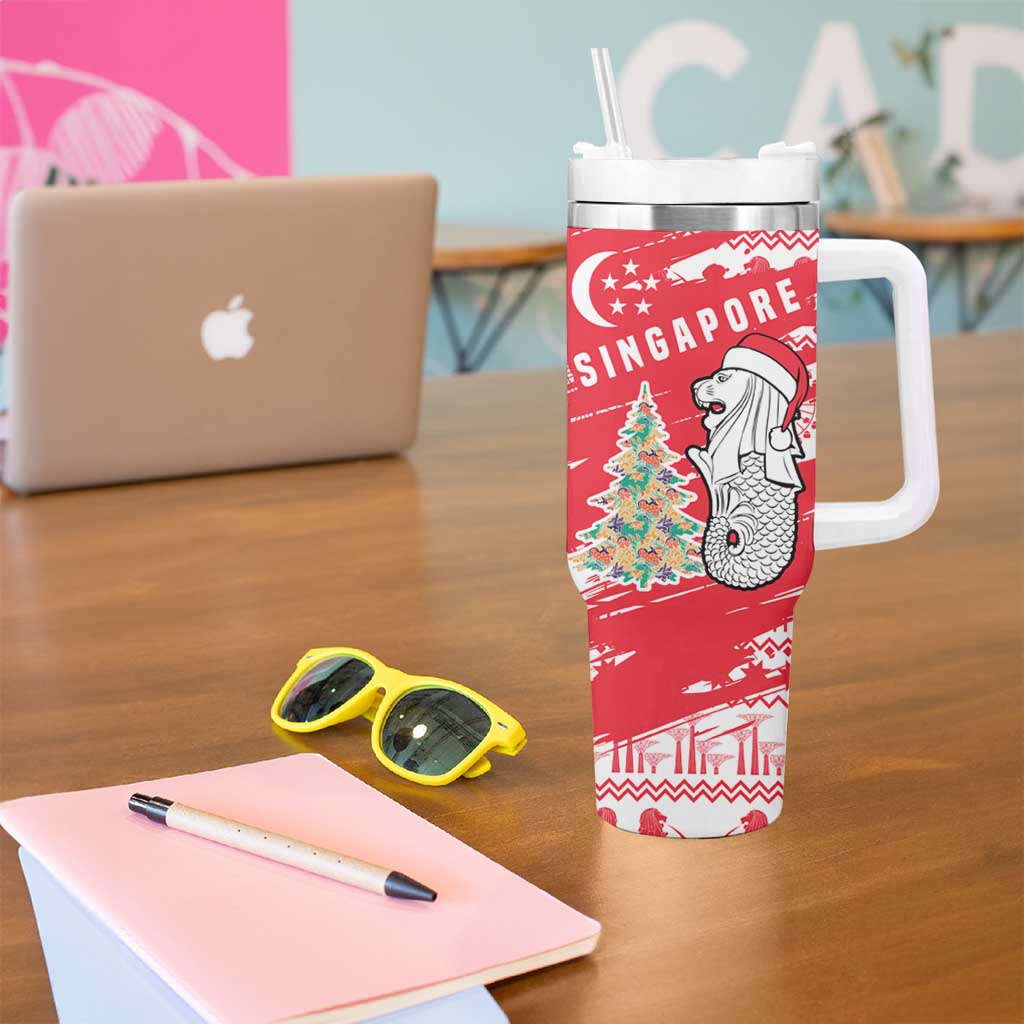 Singapore Christmas Tumbler With Handle with Merlion Santa Hat Batik Christmas Tree and City Skyline Design - Wonder Print Shop