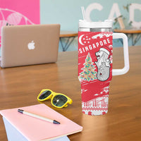 Singapore Christmas Tumbler With Handle with Merlion Santa Hat Batik Christmas Tree and City Skyline Design - Wonder Print Shop