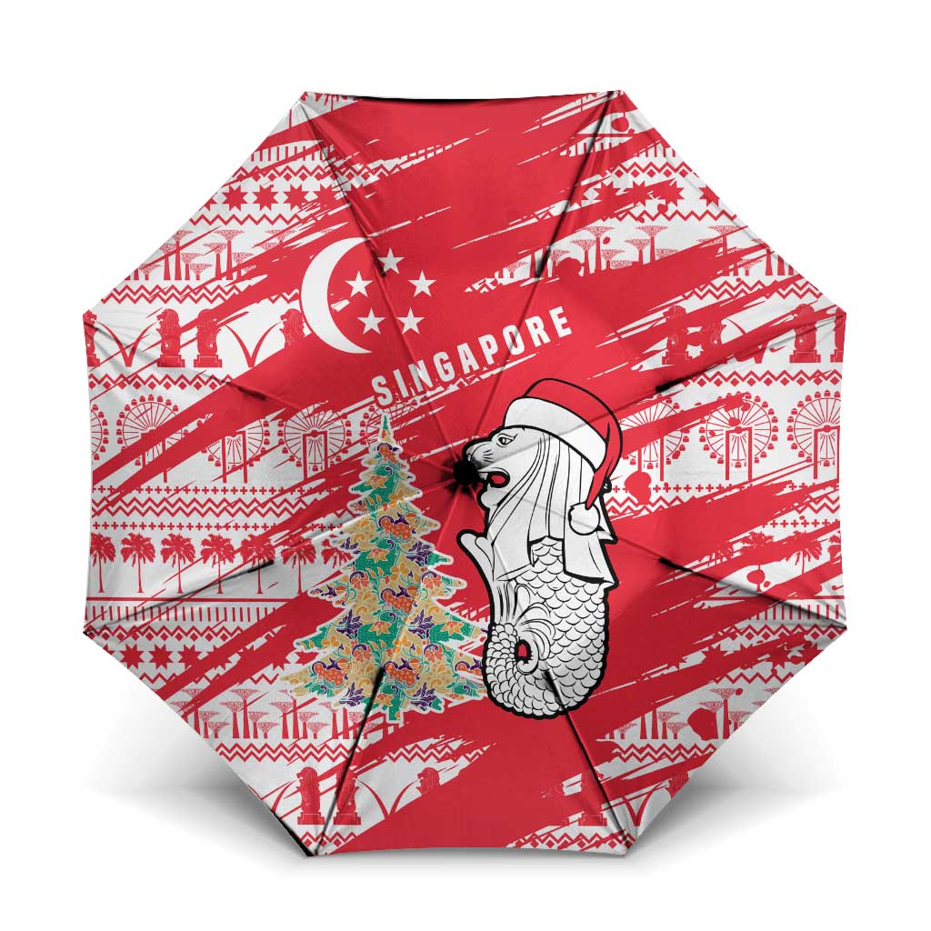 Singapore Christmas Umbrella with Merlion Santa Hat Batik Christmas Tree and City Skyline Design - Wonder Print Shop