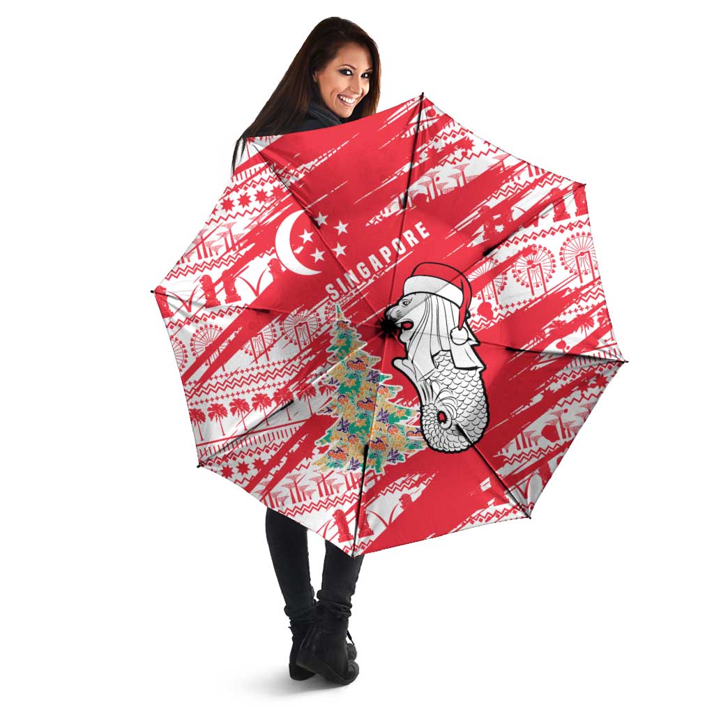 Singapore Christmas Umbrella with Merlion Santa Hat Batik Christmas Tree and City Skyline Design - Wonder Print Shop