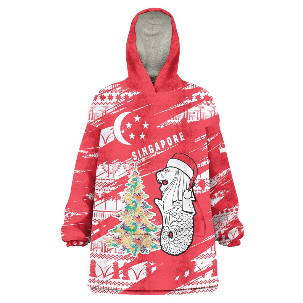 Singapore Christmas Wearable Blanket Hoodie with Merlion Santa Hat Batik Christmas Tree and City Skyline Design - Wonder Print Shop