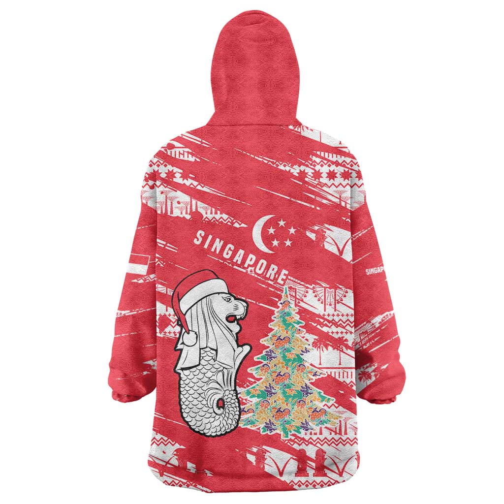 Singapore Christmas Wearable Blanket Hoodie with Merlion Santa Hat Batik Christmas Tree and City Skyline Design - Wonder Print Shop