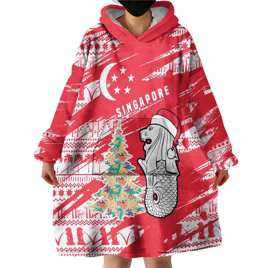 Singapore Christmas Wearable Blanket Hoodie with Merlion Santa Hat Batik Christmas Tree and City Skyline Design - Wonder Print Shop