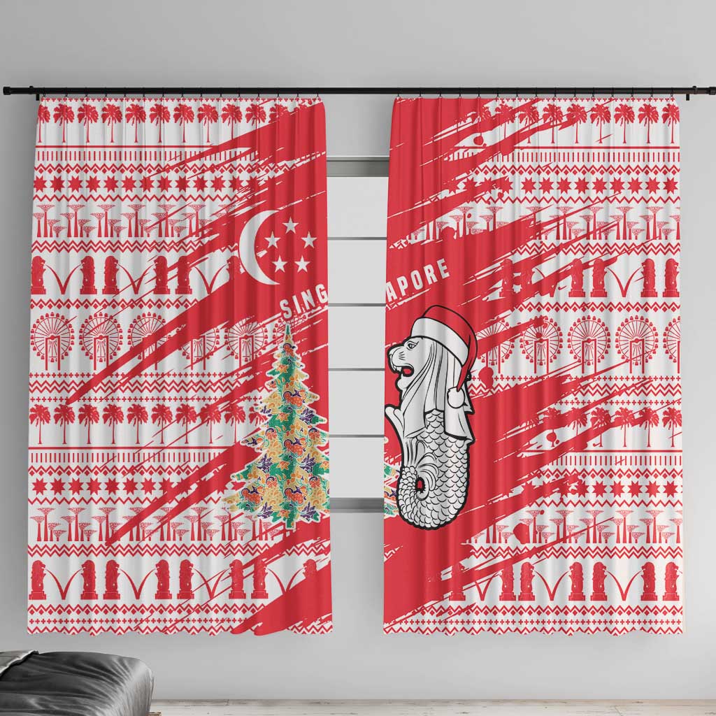 Singapore Christmas Window Curtain with Merlion Santa Hat Batik Christmas Tree and City Skyline Design - Wonder Print Shop