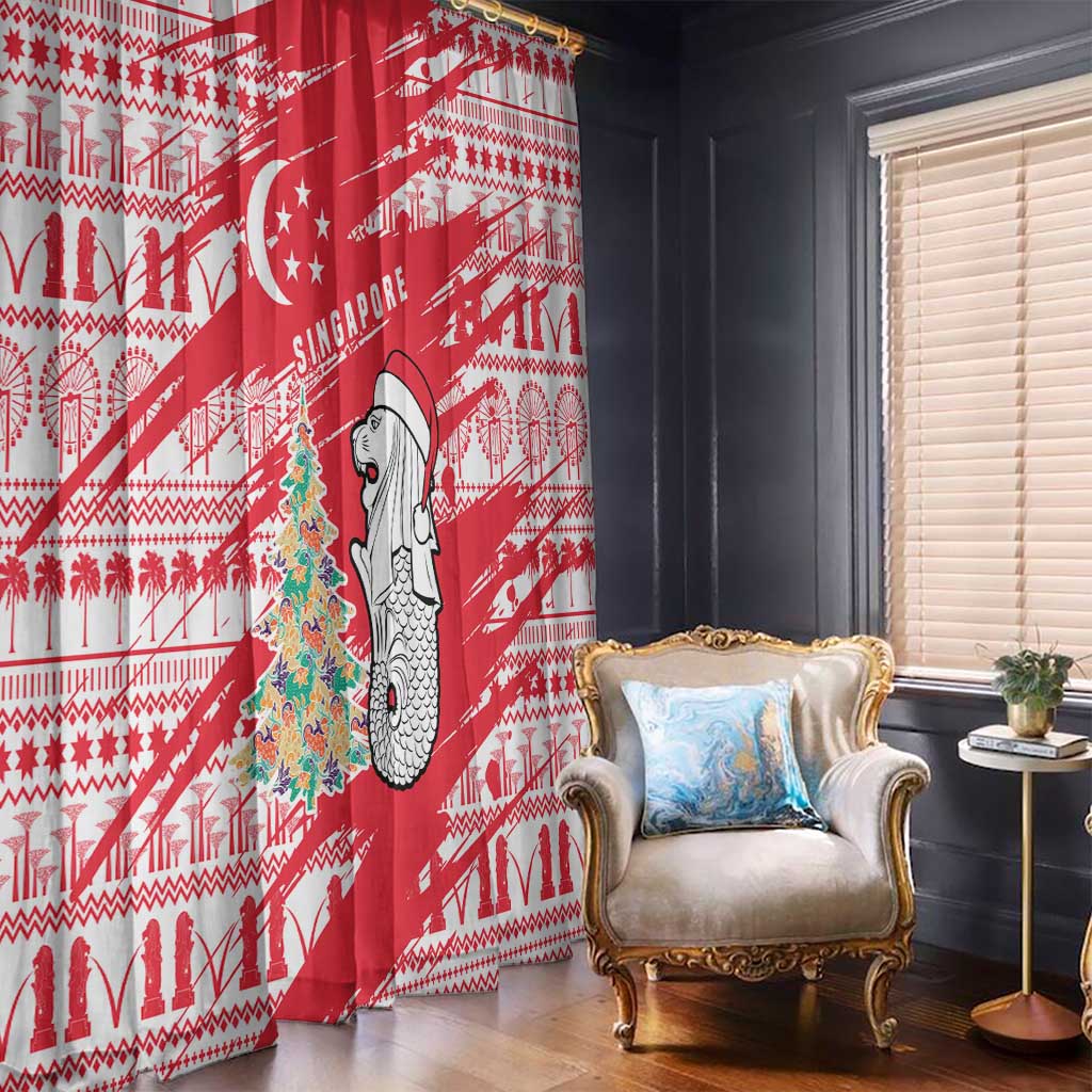 Singapore Christmas Window Curtain with Merlion Santa Hat Batik Christmas Tree and City Skyline Design - Wonder Print Shop
