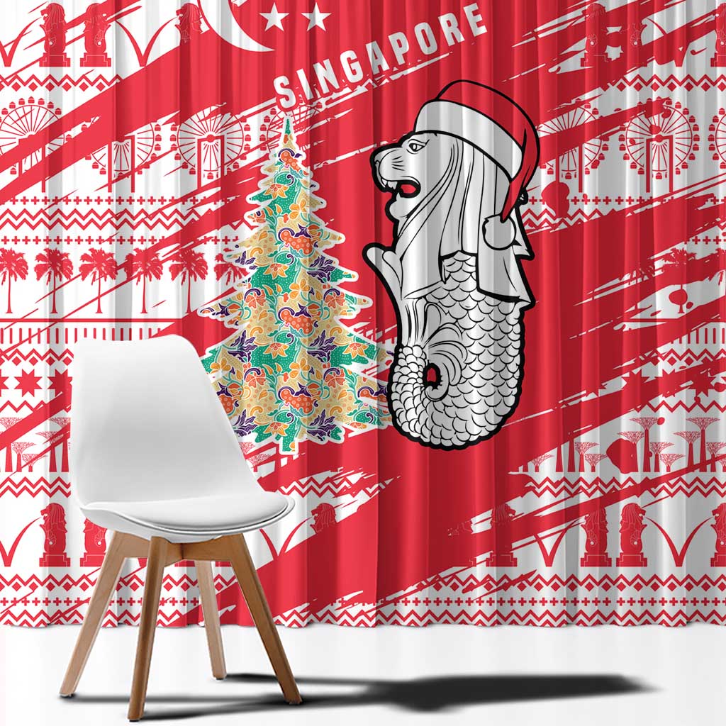 Singapore Christmas Window Curtain with Merlion Santa Hat Batik Christmas Tree and City Skyline Design - Wonder Print Shop