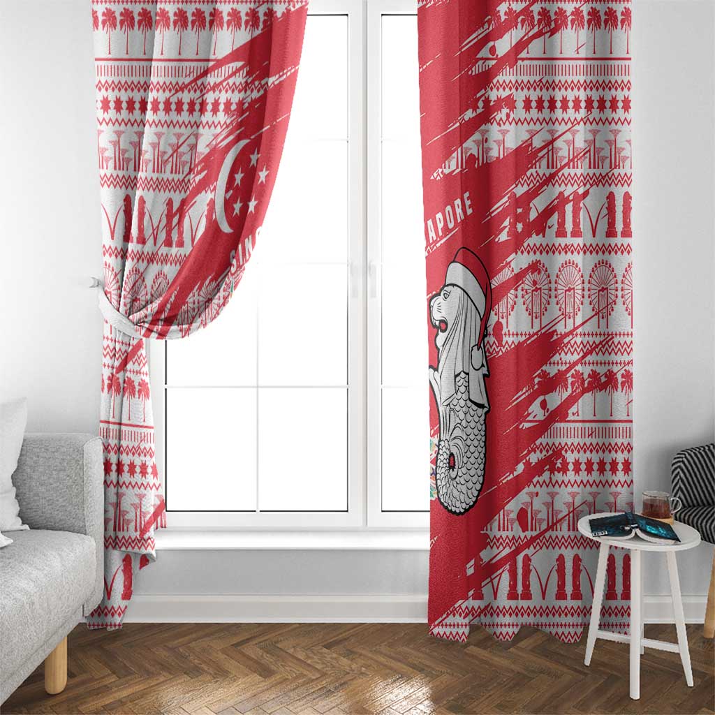 Singapore Christmas Window Curtain with Merlion Santa Hat Batik Christmas Tree and City Skyline Design - Wonder Print Shop