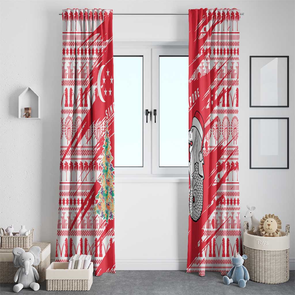 Singapore Christmas Window Curtain with Merlion Santa Hat Batik Christmas Tree and City Skyline Design - Wonder Print Shop