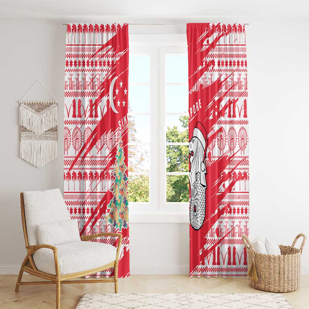 Singapore Christmas Window Curtain with Merlion Santa Hat Batik Christmas Tree and City Skyline Design - Wonder Print Shop