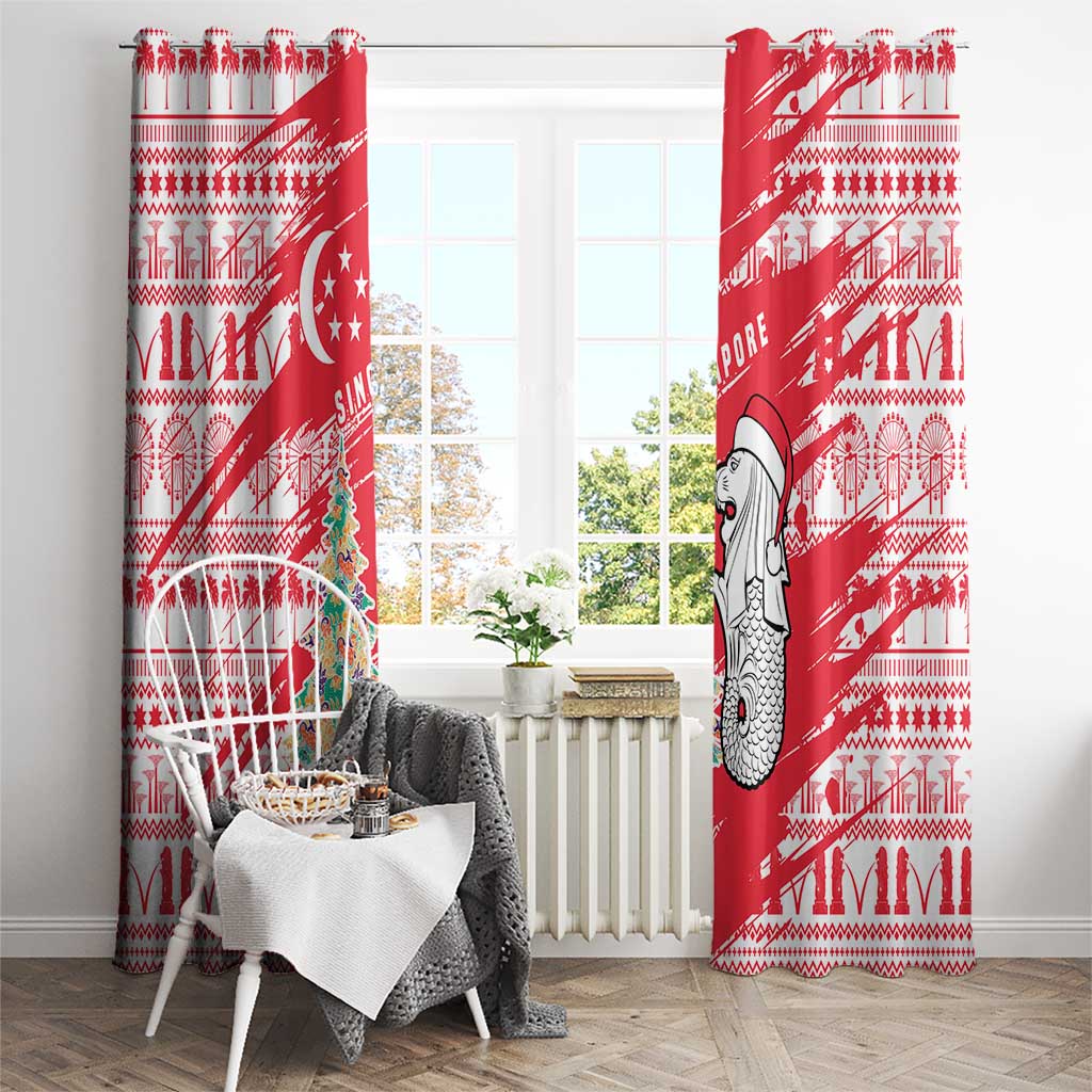 Singapore Christmas Window Curtain with Merlion Santa Hat Batik Christmas Tree and City Skyline Design - Wonder Print Shop