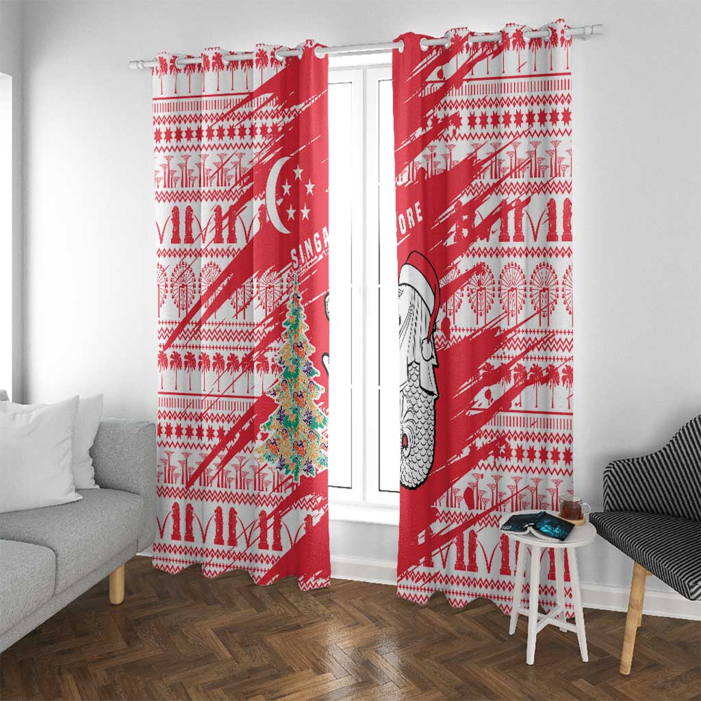 Singapore Christmas Window Curtain with Merlion Santa Hat Batik Christmas Tree and City Skyline Design - Wonder Print Shop
