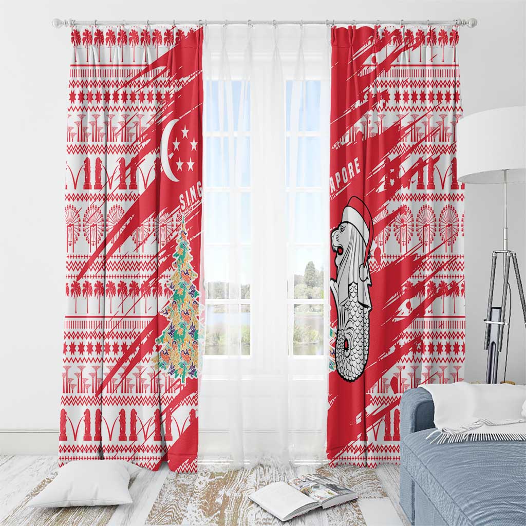 Singapore Christmas Window Curtain with Merlion Santa Hat Batik Christmas Tree and City Skyline Design - Wonder Print Shop