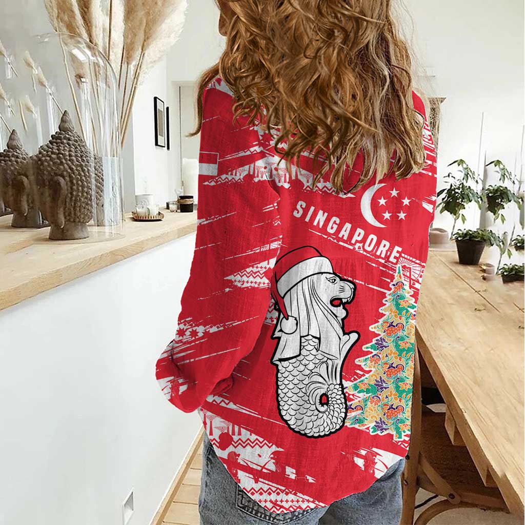 Singapore Christmas Women Casual Shirt with Merlion Santa Hat Batik Christmas Tree and City Skyline Design - Wonder Print Shop