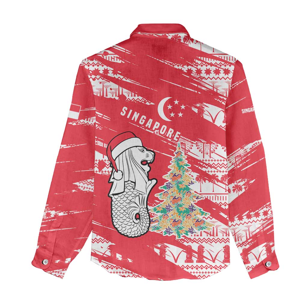 Singapore Christmas Women Casual Shirt with Merlion Santa Hat Batik Christmas Tree and City Skyline Design - Wonder Print Shop
