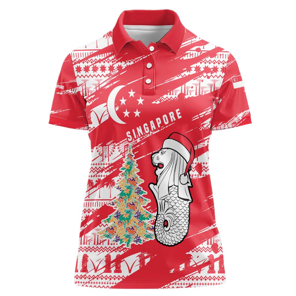 Singapore Christmas Women Polo Shirt with Merlion Santa Hat Batik Christmas Tree and City Skyline Design - Wonder Print Shop
