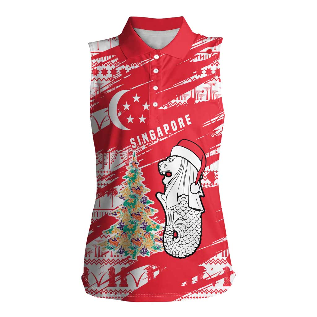 Singapore Christmas Women Sleeveless Polo Shirt with Merlion Santa Hat Batik Christmas Tree and City Skyline Design - Wonder Print Shop