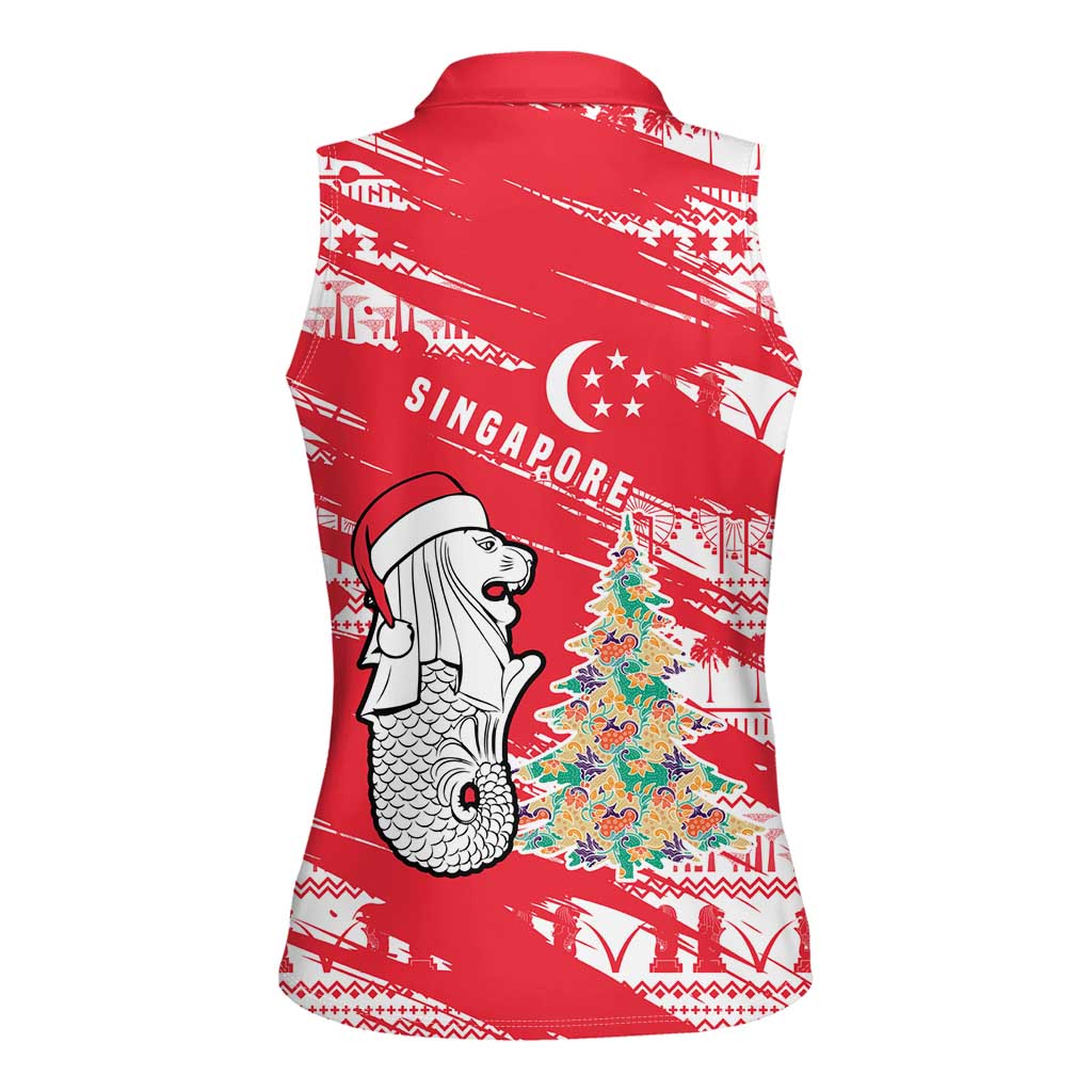 Singapore Christmas Women Sleeveless Polo Shirt with Merlion Santa Hat Batik Christmas Tree and City Skyline Design - Wonder Print Shop