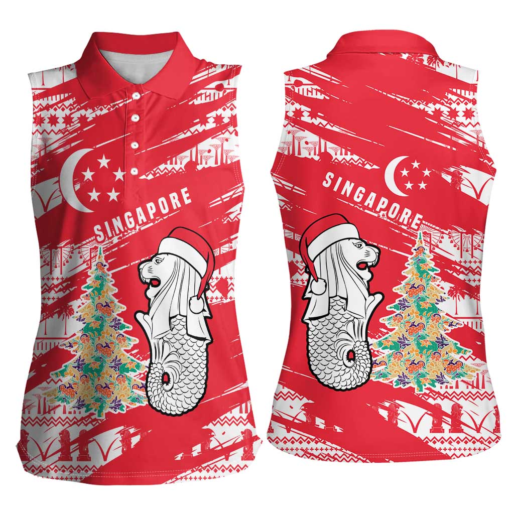 Singapore Christmas Women Sleeveless Polo Shirt with Merlion Santa Hat Batik Christmas Tree and City Skyline Design - Wonder Print Shop