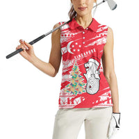 Singapore Christmas Women Sleeveless Polo Shirt with Merlion Santa Hat Batik Christmas Tree and City Skyline Design - Wonder Print Shop
