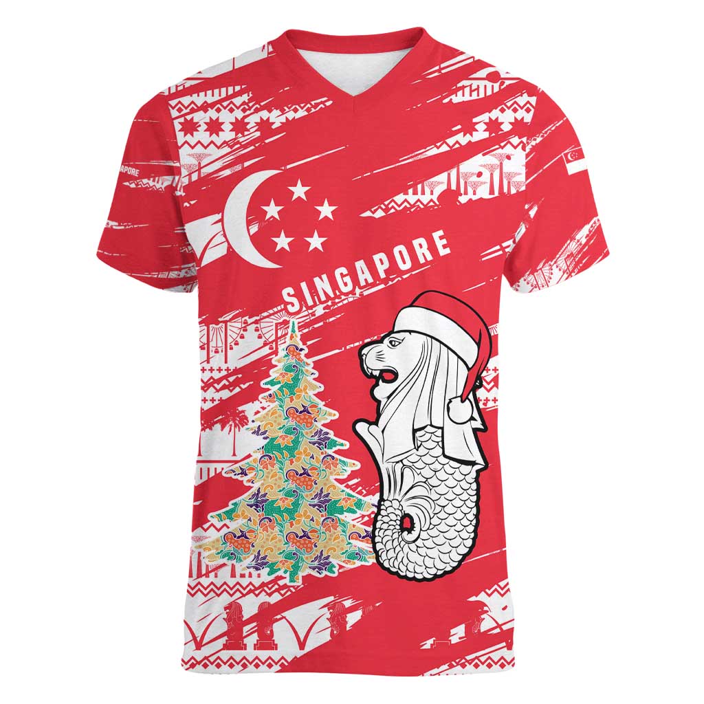 Singapore Christmas Women V-Neck T-Shirt with Merlion Santa Hat Batik Christmas Tree and City Skyline Design - Wonder Print Shop