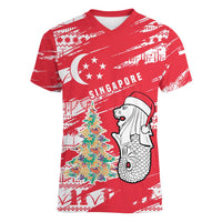 Singapore Christmas Women V-Neck T-Shirt with Merlion Santa Hat Batik Christmas Tree and City Skyline Design - Wonder Print Shop