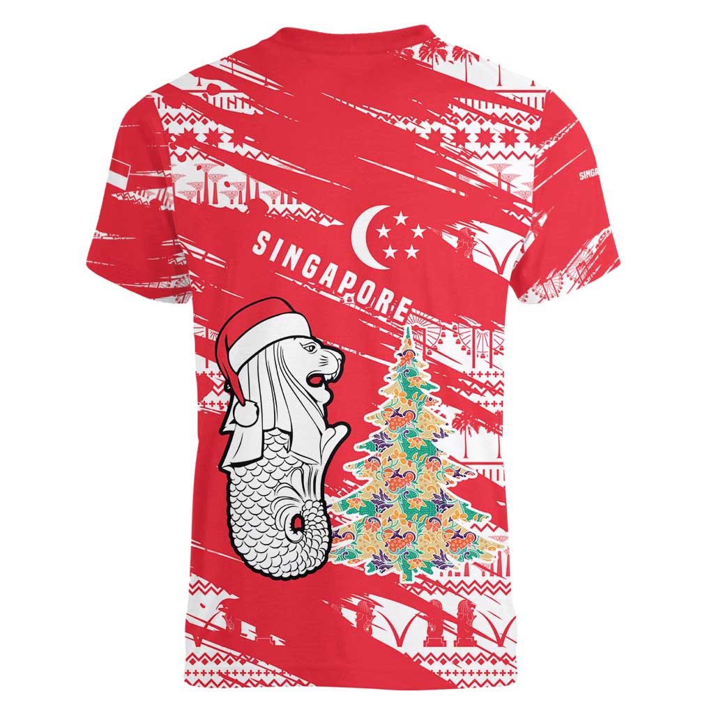 Singapore Christmas Women V-Neck T-Shirt with Merlion Santa Hat Batik Christmas Tree and City Skyline Design - Wonder Print Shop