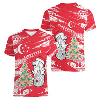 Singapore Christmas Women V-Neck T-Shirt with Merlion Santa Hat Batik Christmas Tree and City Skyline Design - Wonder Print Shop
