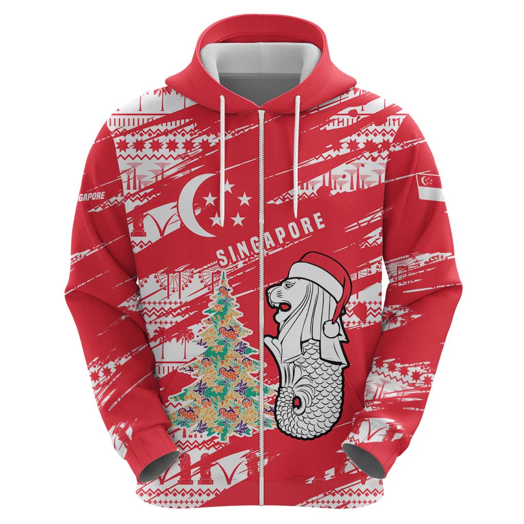 Singapore Christmas Zip Hoodie with Merlion Santa Hat Batik Christmas Tree and City Skyline Design - Wonder Print Shop