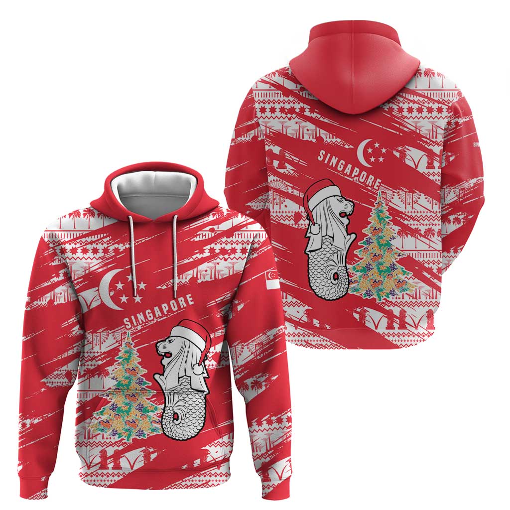 Singapore Christmas Zip Hoodie with Merlion Santa Hat Batik Christmas Tree and City Skyline Design - Wonder Print Shop