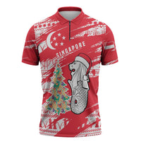 Singapore Christmas Zipper Polo Shirt with Merlion Santa Hat Batik Christmas Tree and City Skyline Design - Wonder Print Shop