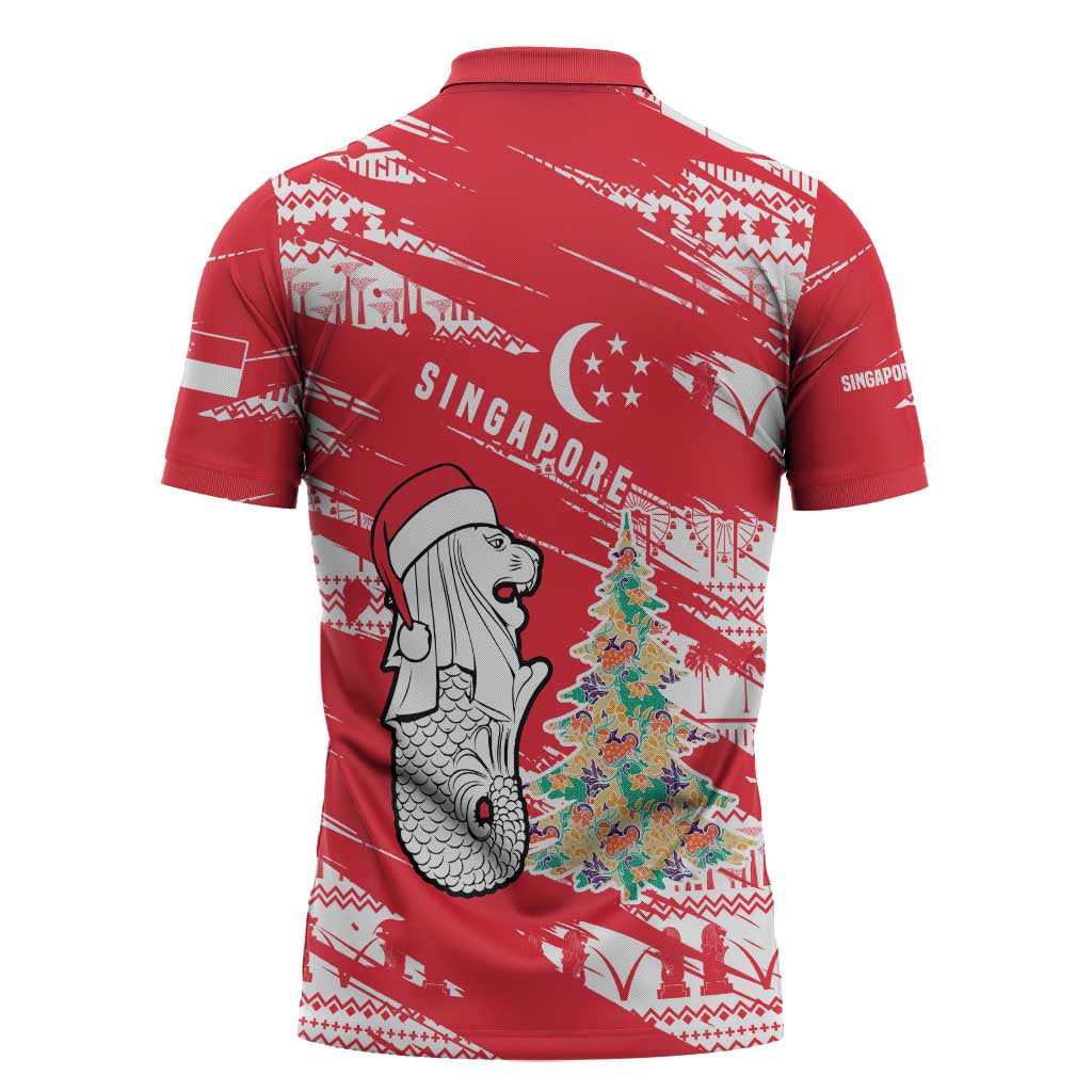 Singapore Christmas Zipper Polo Shirt with Merlion Santa Hat Batik Christmas Tree and City Skyline Design - Wonder Print Shop