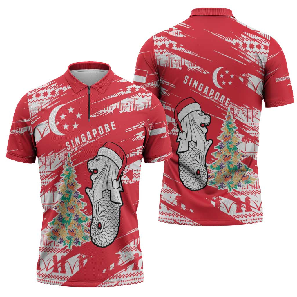 Singapore Christmas Zipper Polo Shirt with Merlion Santa Hat Batik Christmas Tree and City Skyline Design - Wonder Print Shop