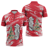 Singapore Christmas Zipper Polo Shirt with Merlion Santa Hat Batik Christmas Tree and City Skyline Design - Wonder Print Shop