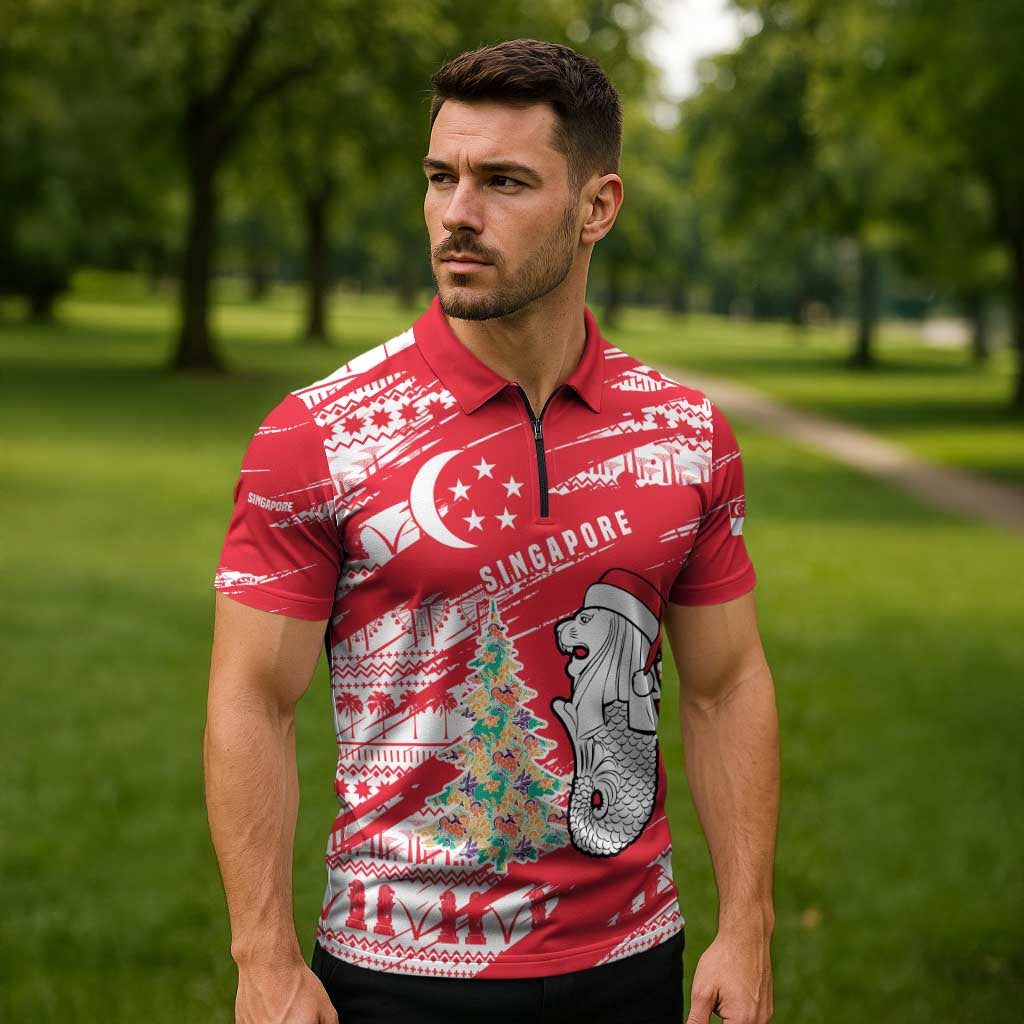 Singapore Christmas Zipper Polo Shirt with Merlion Santa Hat Batik Christmas Tree and City Skyline Design - Wonder Print Shop