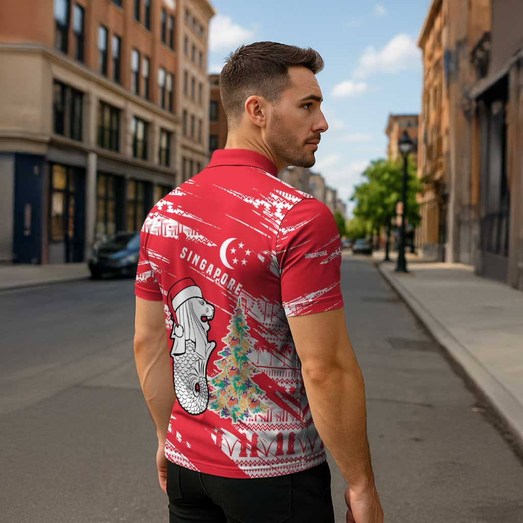 Singapore Christmas Zipper Polo Shirt with Merlion Santa Hat Batik Christmas Tree and City Skyline Design - Wonder Print Shop