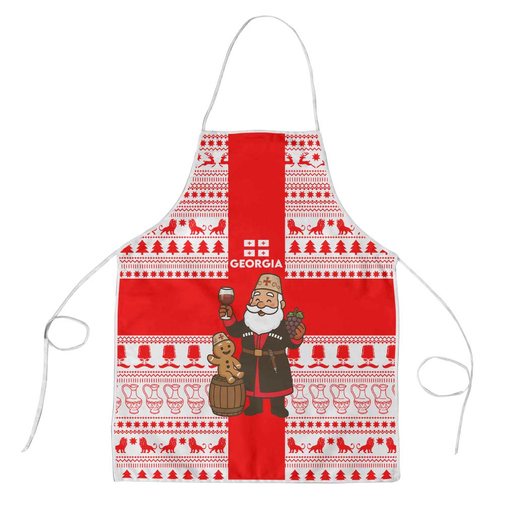 Georgia Christmas Apron with Santa in Chokha Wine Barrel Gingerbread and Coat of Arms Design - Wonder Print Shop