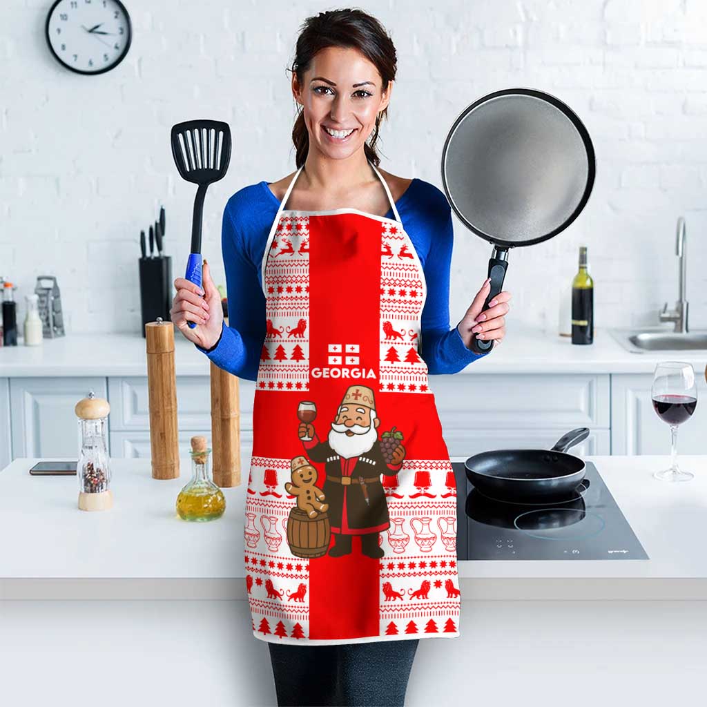 Georgia Christmas Apron with Santa in Chokha Wine Barrel Gingerbread and Coat of Arms Design - Wonder Print Shop