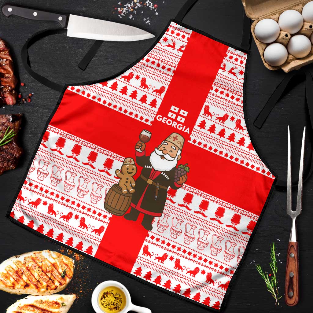 Georgia Christmas Apron with Santa in Chokha Wine Barrel Gingerbread and Coat of Arms Design - Wonder Print Shop