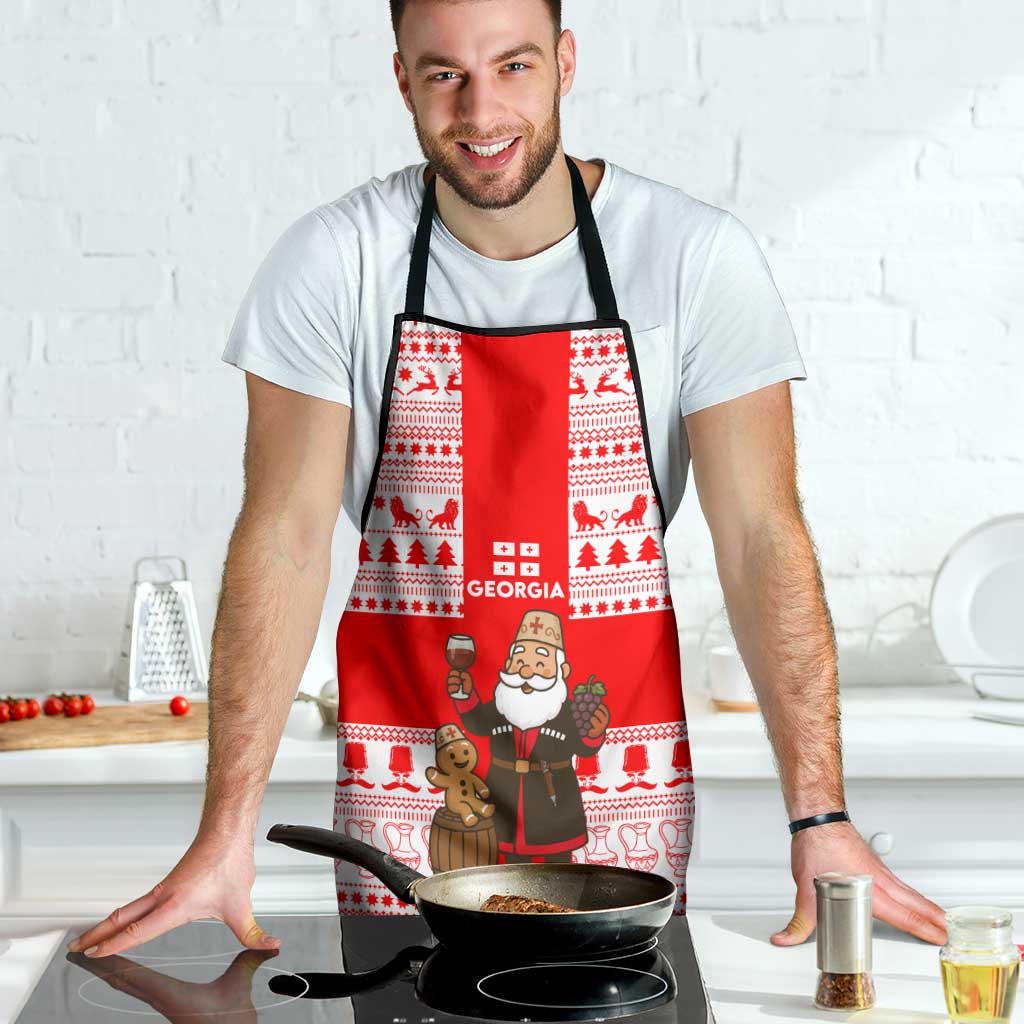 Georgia Christmas Apron with Santa in Chokha Wine Barrel Gingerbread and Coat of Arms Design - Wonder Print Shop