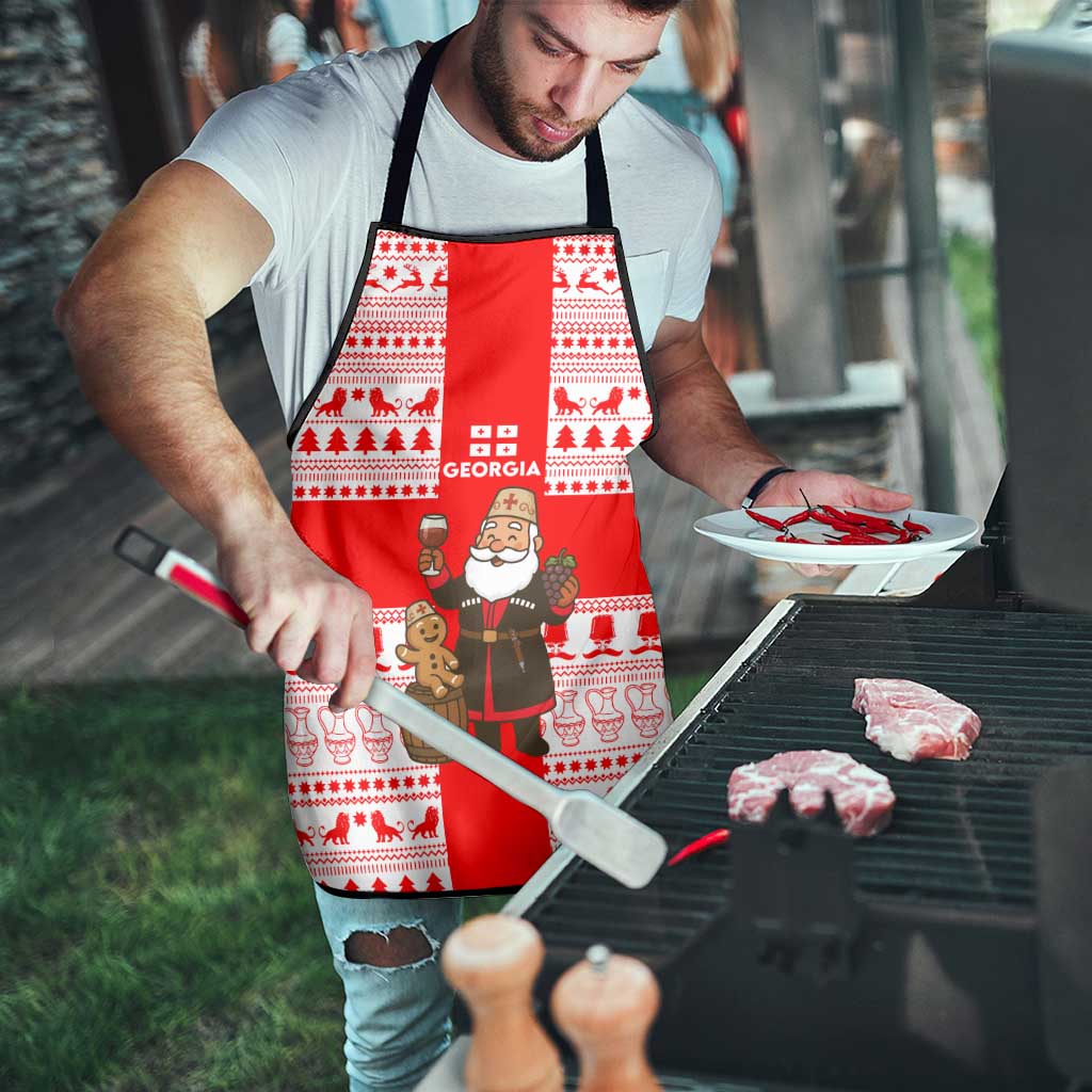 Georgia Christmas Apron with Santa in Chokha Wine Barrel Gingerbread and Coat of Arms Design - Wonder Print Shop