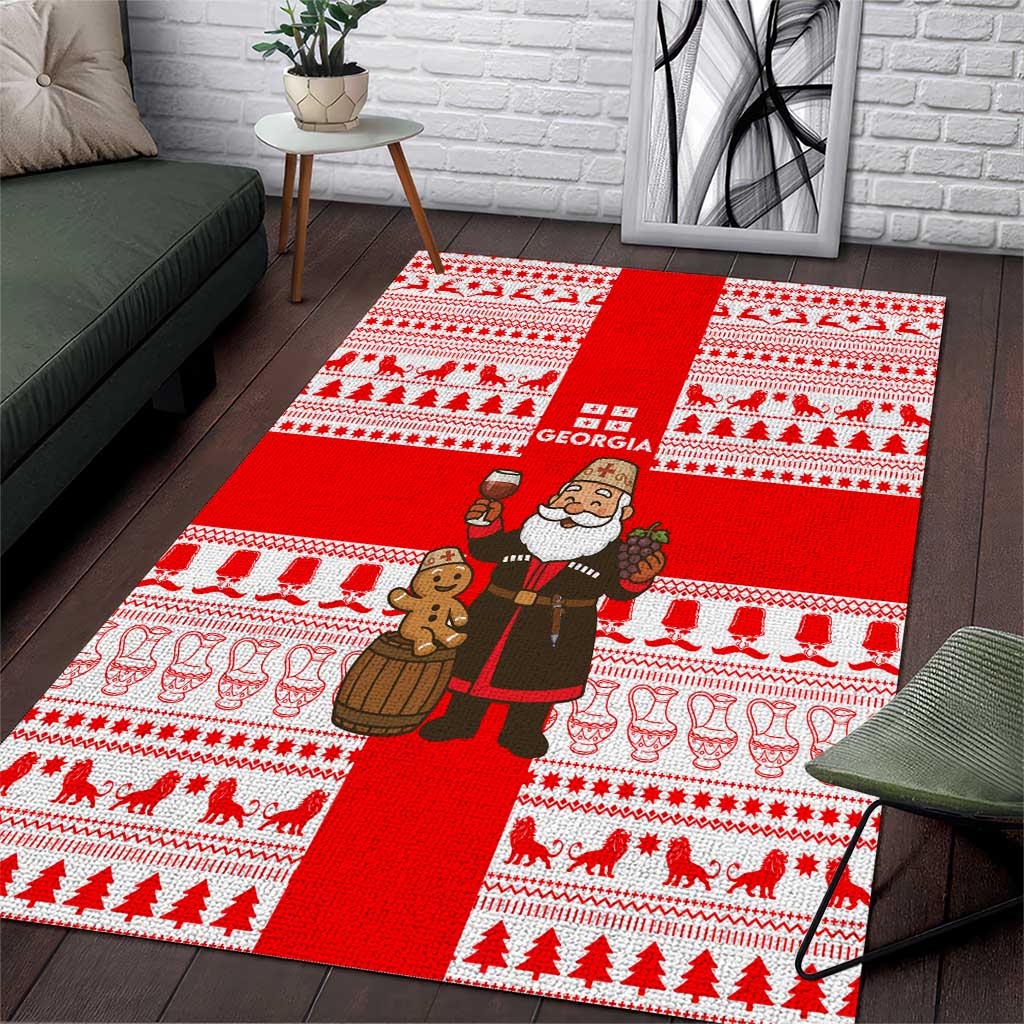 Georgia Christmas Area Rug with Santa in Chokha Wine Barrel Gingerbread and Coat of Arms Design - Wonder Print Shop