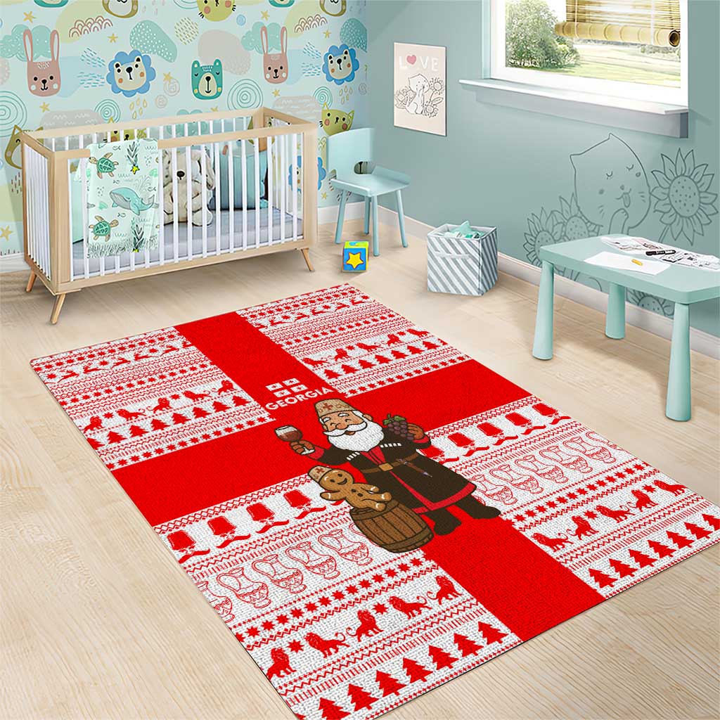 Georgia Christmas Area Rug with Santa in Chokha Wine Barrel Gingerbread and Coat of Arms Design - Wonder Print Shop