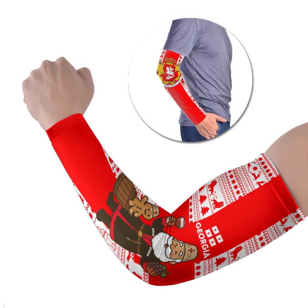 Georgia Christmas Arm Sleeves with Santa in Chokha Wine Barrel Gingerbread and Coat of Arms Design - Wonder Print Shop
