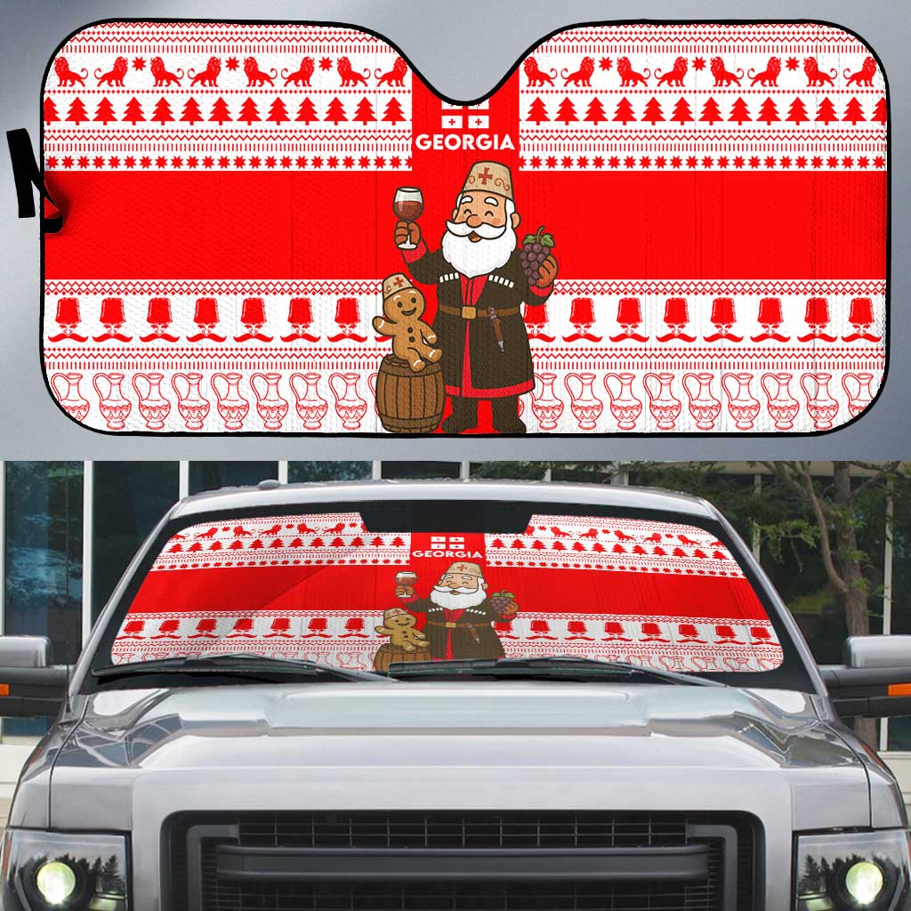 Georgia Christmas Auto Sun Shade with Santa in Chokha Wine Barrel Gingerbread and Coat of Arms Design - Wonder Print Shop