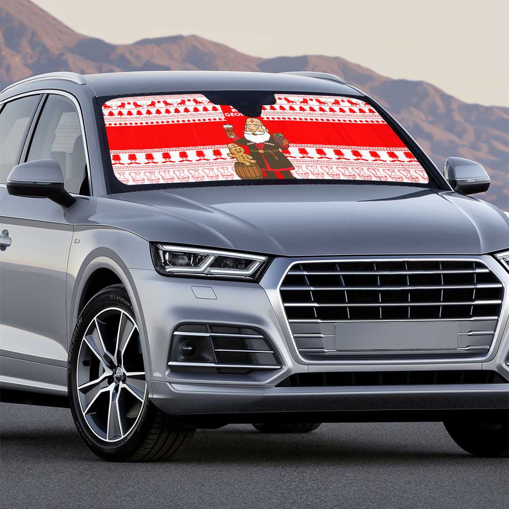 Georgia Christmas Auto Sun Shade with Santa in Chokha Wine Barrel Gingerbread and Coat of Arms Design - Wonder Print Shop